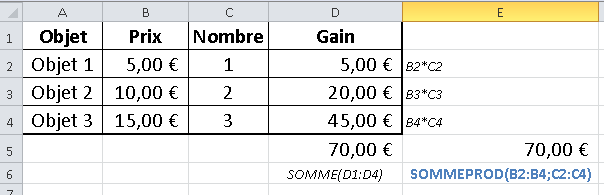 SOMMEPROD : Fonction Excel Somme Produit